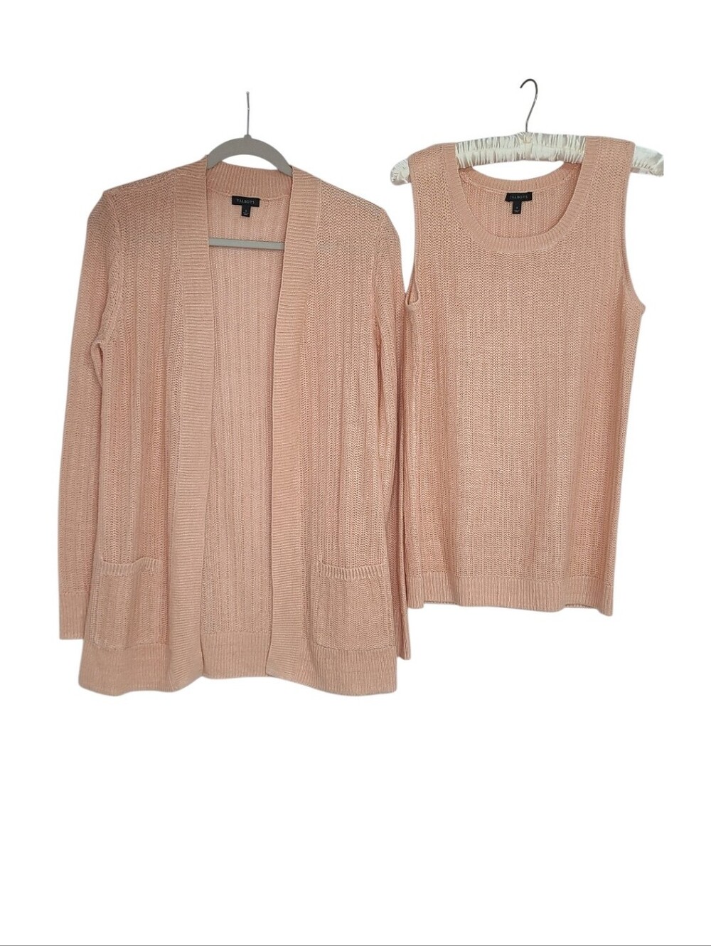 Talbots 100% Linen Knit Cardigan Tank Set Small Peach Coastal Grandma Twin Shell